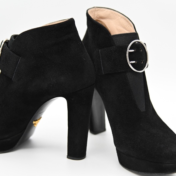 Prada Black Suede Ankle Boots w/ Buckle 37.5 - Picture 3 of 8